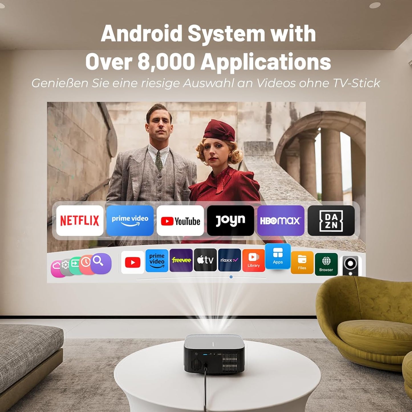 4K Projector【Official Netflix & Focus Electronics/Trapezoidal Correction】 25000 Lumens 1080P Native Full HD Mini Projector, WiFi Bluetooth Smart Projector with YouTube/Prime Video