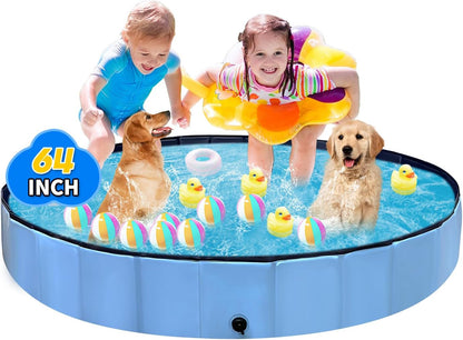 Foldable Dog Pool, Hard Plastic Kids Pool for Toddlers 1-3, 164cm Blue Pet Bathtub, Swimming Pool for Kids, Foldable Kids Pool for Garden, Play Pool for Kids, Dog, Cat