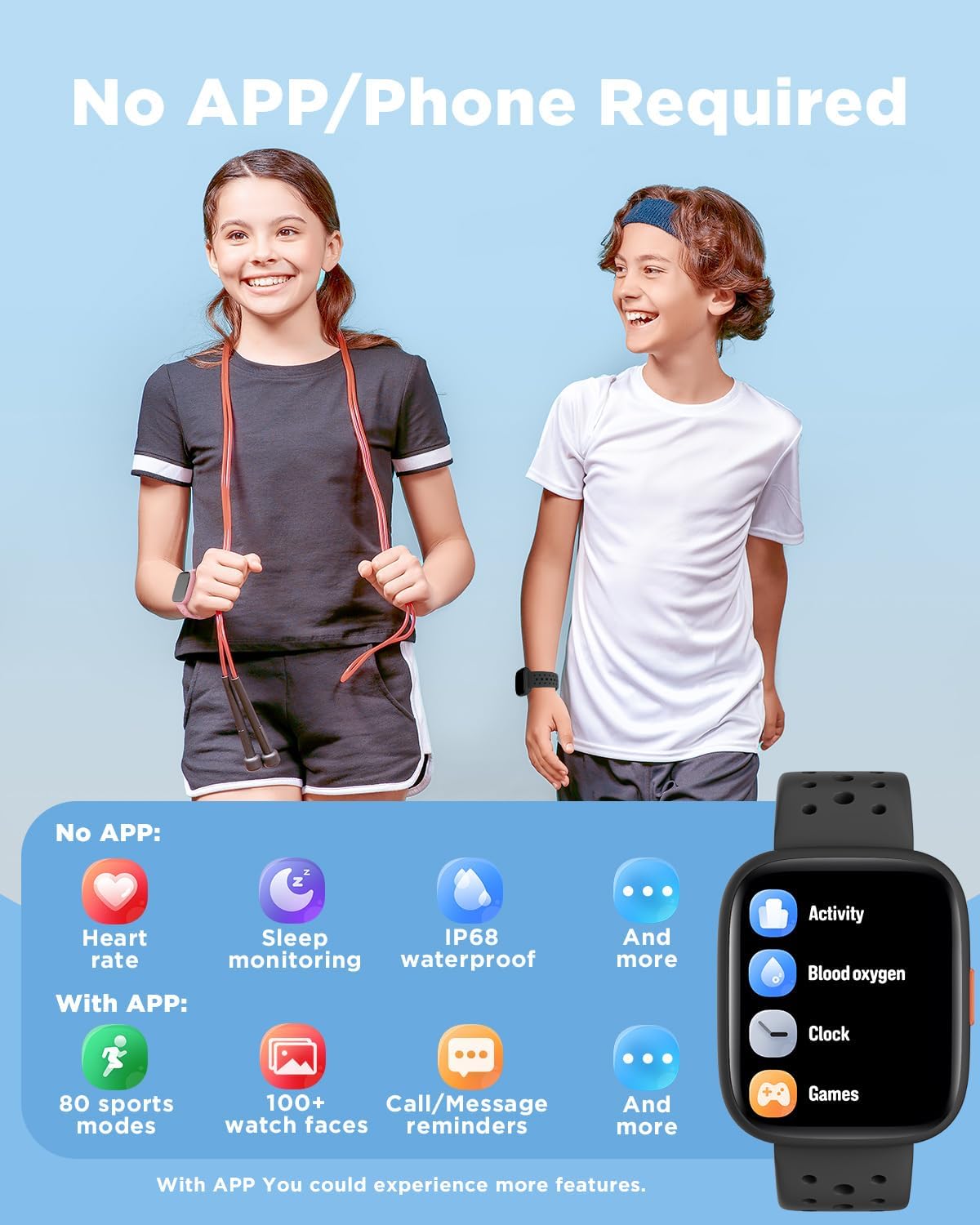 BIGGERFIVE Smart Watch for Kids No APP No Phone Needed, 1.8" Fitness Tracker Watch Pedometer, Sleep Monitor, IP68 Waterproof, Step Counter, Puzzle Games for Girls Boys Teens 5-16, Black