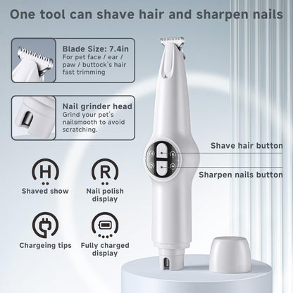 2 in 1 Dog Clippers Grooming Kit, USB Rechargeable Dog Paw Trimmer Low Noise LED Light Pet Nail Trimmers,Cordless Dogs Nail Grinder with 3 mode for Dogs Cats,Pet Hair Trimmer for dogs Paws Eyes Ears