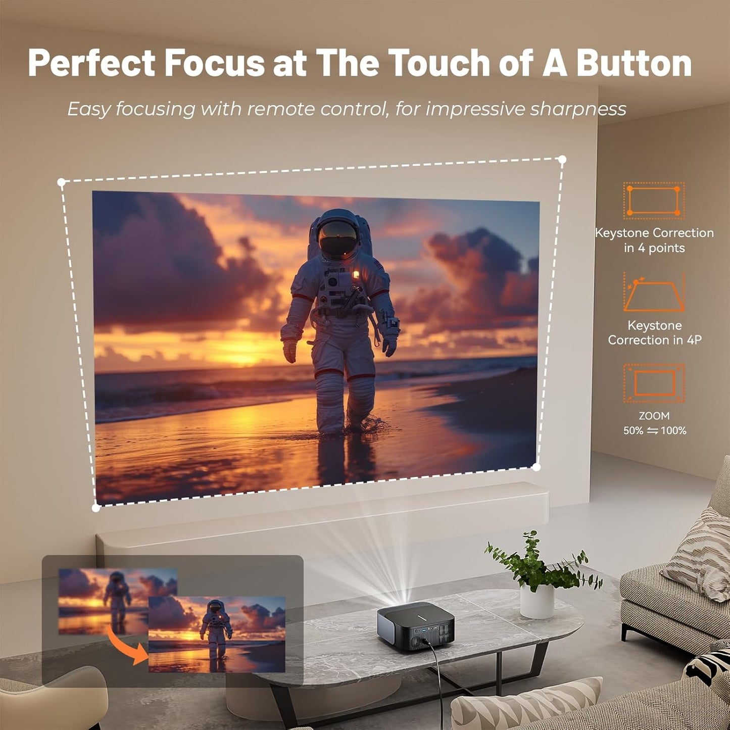 4K Projector【Official Netflix & Focus Electronics/Trapezoidal Correction】 25000 Lumens 1080P Native Full HD Mini Projector, WiFi Bluetooth Smart Projector with YouTube/Prime Video