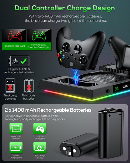 Cooling Fan & Charging Station Compatible with Xbox Series X, Dual Controller Charger Dock with RGB Light Modes, Rechargeable Battery Packs, Headset Holder & Game Storage – Black