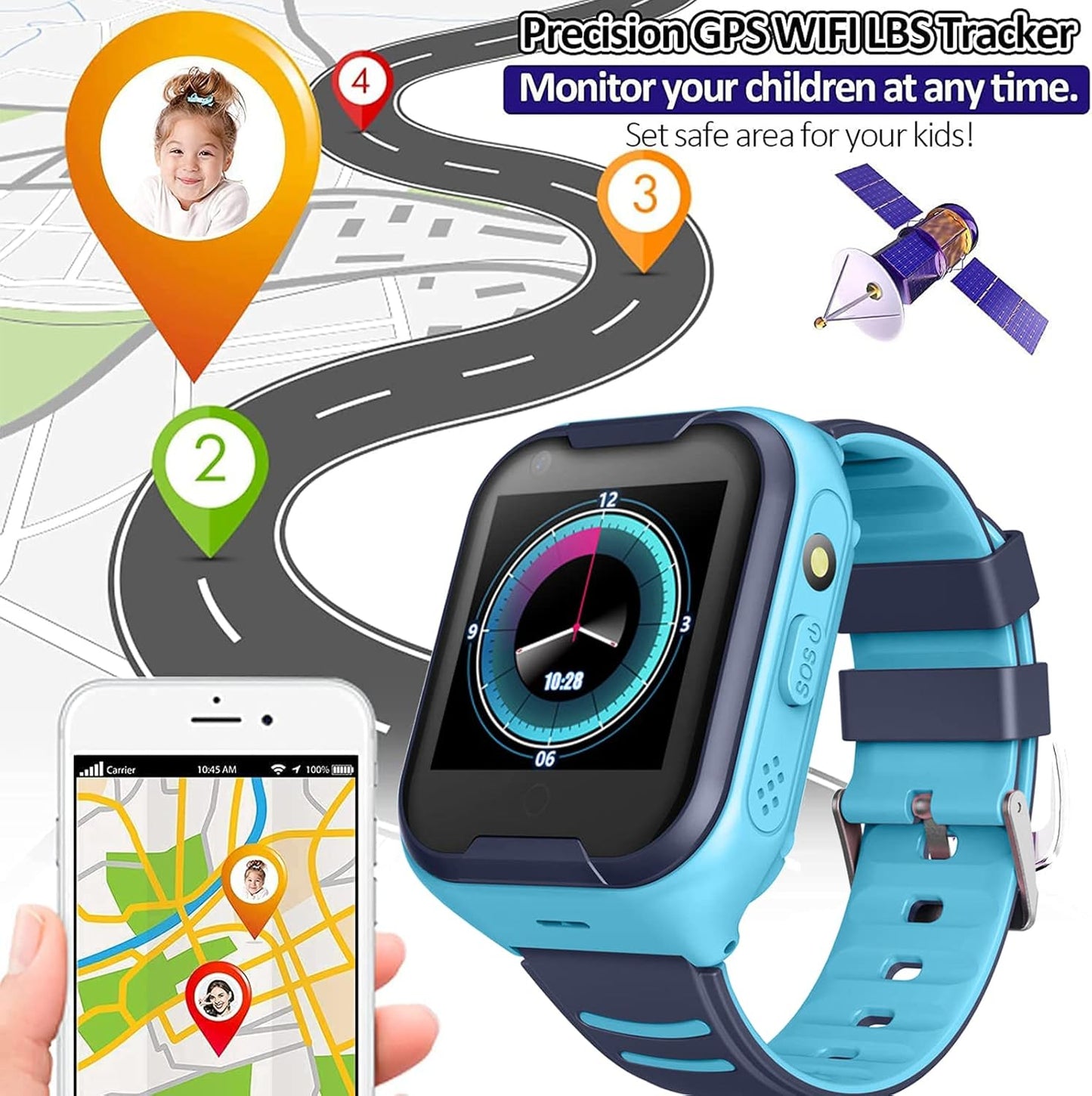 Kids 4G GPS Smart Watch, Waterproof Phone Smartwatch, Worldwide Real-time Tracking Video Phone Call Camera SOS Alarm Geo-Fence Touch Screen Pedometer Anti-Lost GPS Tracker Watch for Birthday Gift
