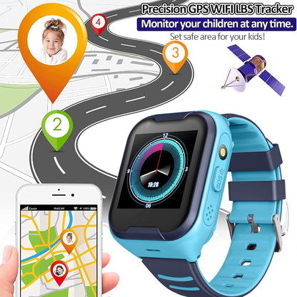 Kids 4G GPS Smart Watch, Waterproof Phone Smartwatch, Worldwide Real-time Tracking Video Phone Call Camera SOS Alarm Geo-Fence Touch Screen Pedometer Anti-Lost GPS Tracker Watch for Birthday Gift