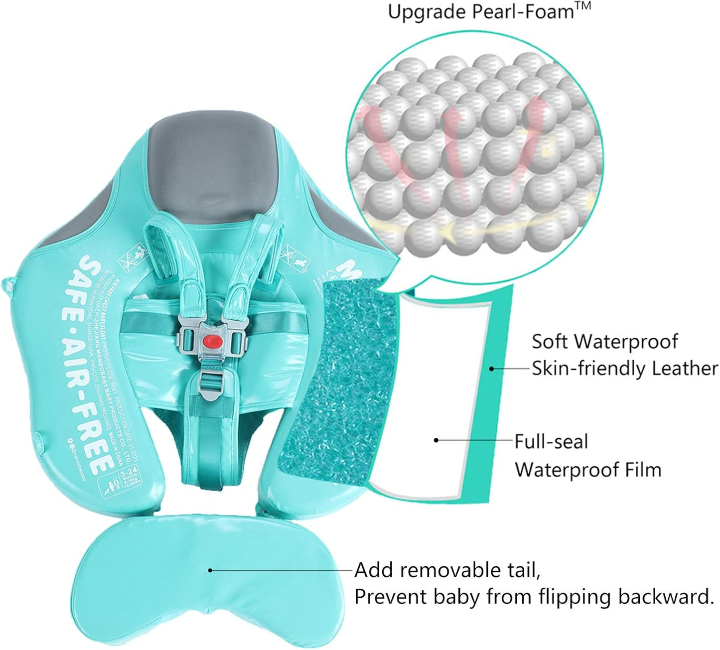 Baby Float, Mambobaby Float Add Tail Newest Mambo Baby Swimming Float with Canopy, Waterproof Non-Inflatable Solid Baby Swim Trainer with Adjustable Safety Strap