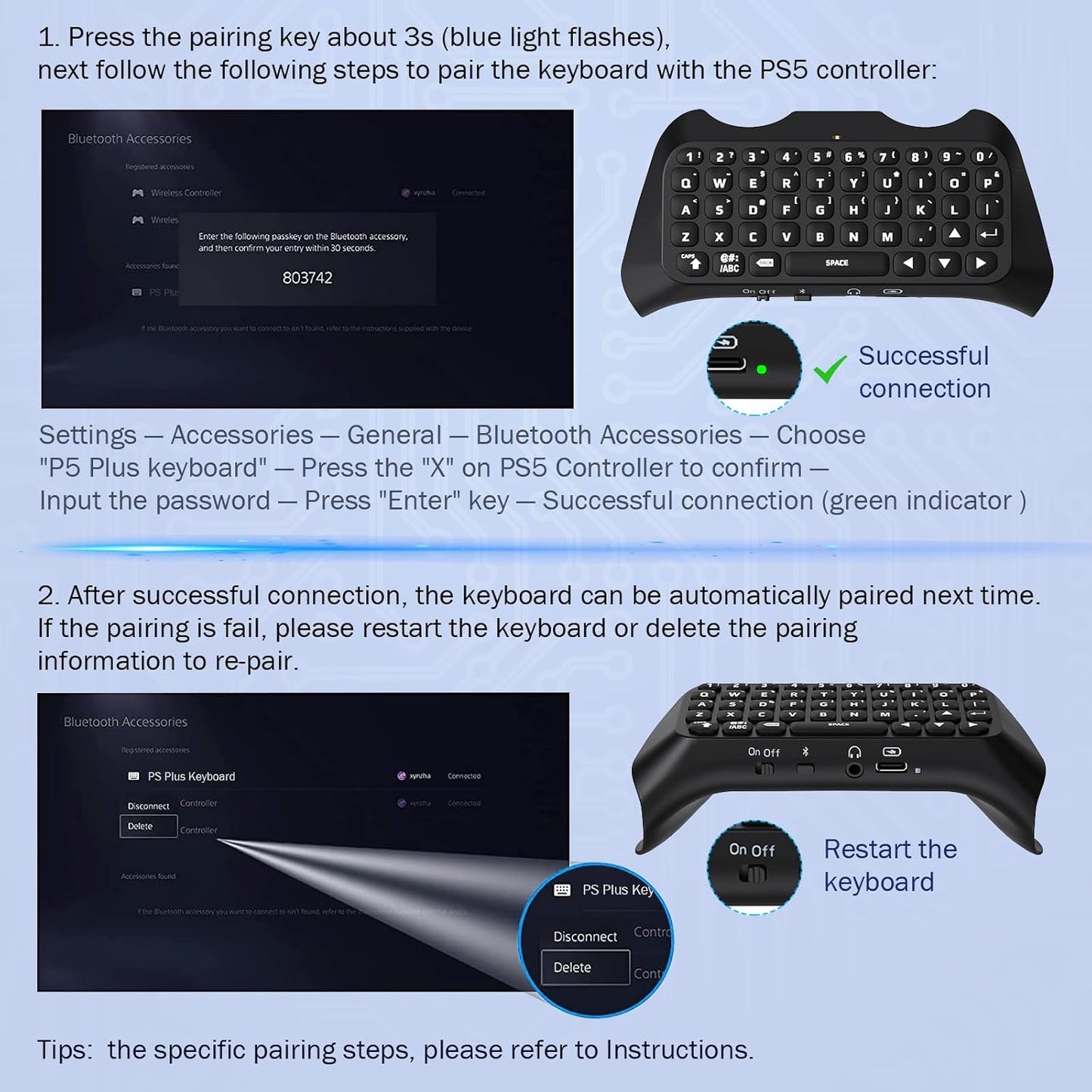 MoKo Green Backlight Keyboard for PS5 Controller, PS5 Wireless Mini Keyboard Chatpad for Playstation 5 Controller, Keypad Built-in Speaker with 3.5mm Audio Jack for Messaging and Game Live Chat, Black