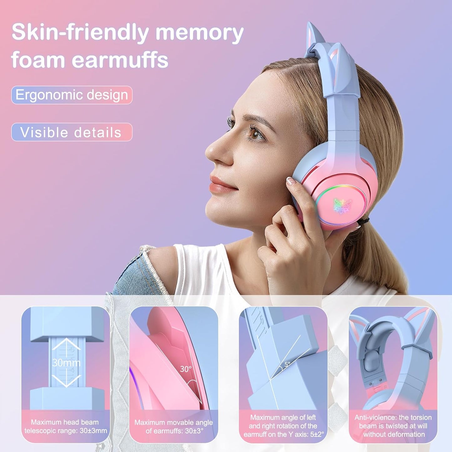 Gaming Headset for PS4, PS5, Cat Ear Headphones with Retractable Microphone, RGB Backlight, Surround Sound for PC, Mobile Phone, Gradient Pink Blue