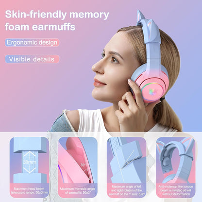 Gaming Headset for PS4, PS5, Cat Ear Headphones with Retractable Microphone, RGB Backlight, Surround Sound for PC, Mobile Phone, Gradient Pink Blue