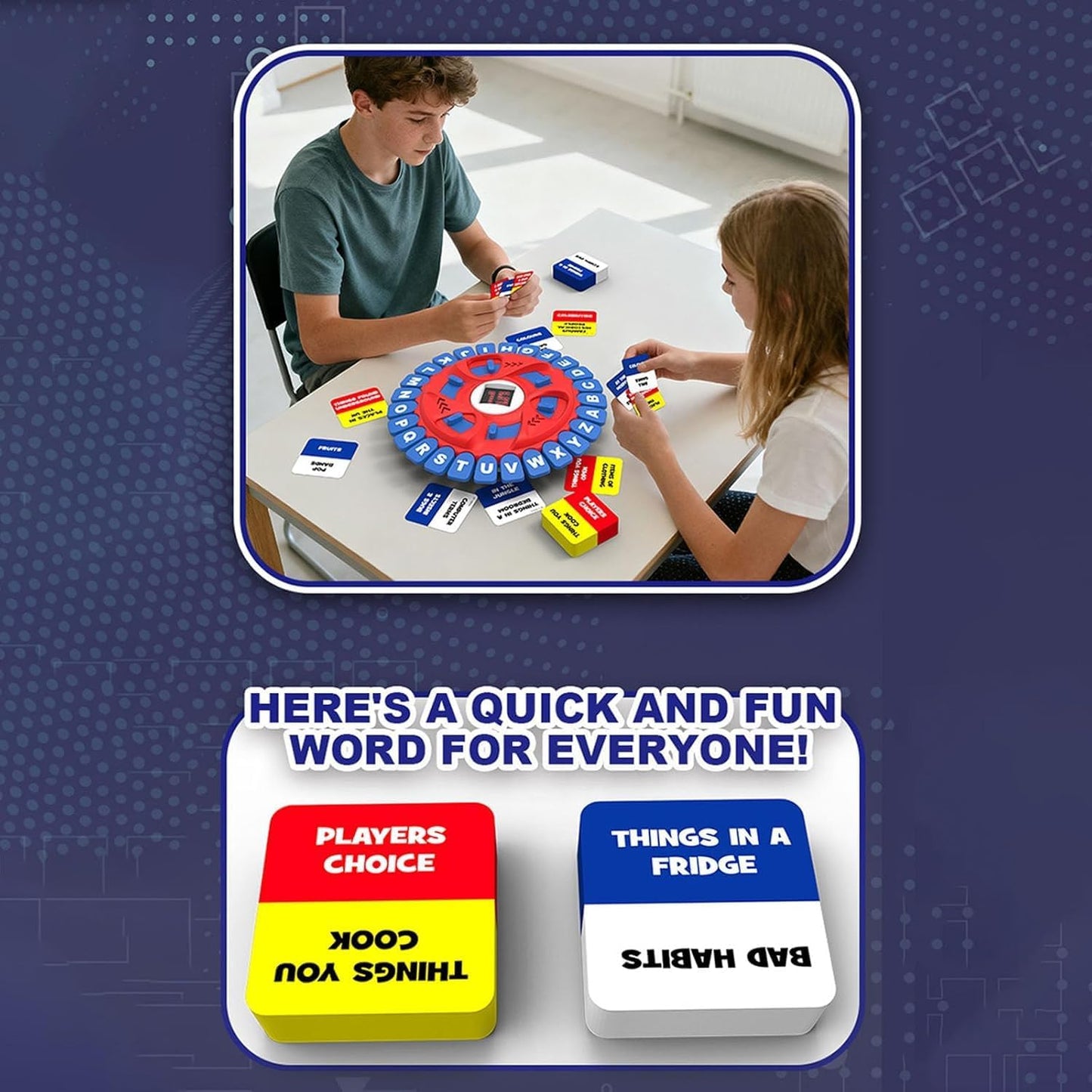 Fast-Paced Family Word Game with 15-Second Timer | 36 Category Cards, Portable 9‑Inch Board | Educational Word Challenge for early-stage & Adults | Fun Learning Toy for Home, Travel & Parties (Blue)
