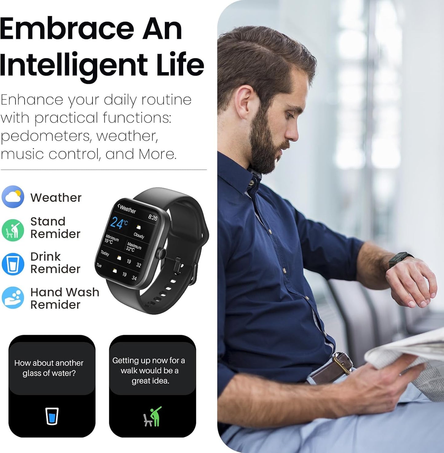 TOZO 44mm Rectangular Face Smart Watch Alexa Built-in Fitness Tracker with Heart Rate/Blood Oxygen Monitor/Sleep Monitor 5ATM Waterproof HD Touchscreen for Men Women Compatible with iPhone&Android