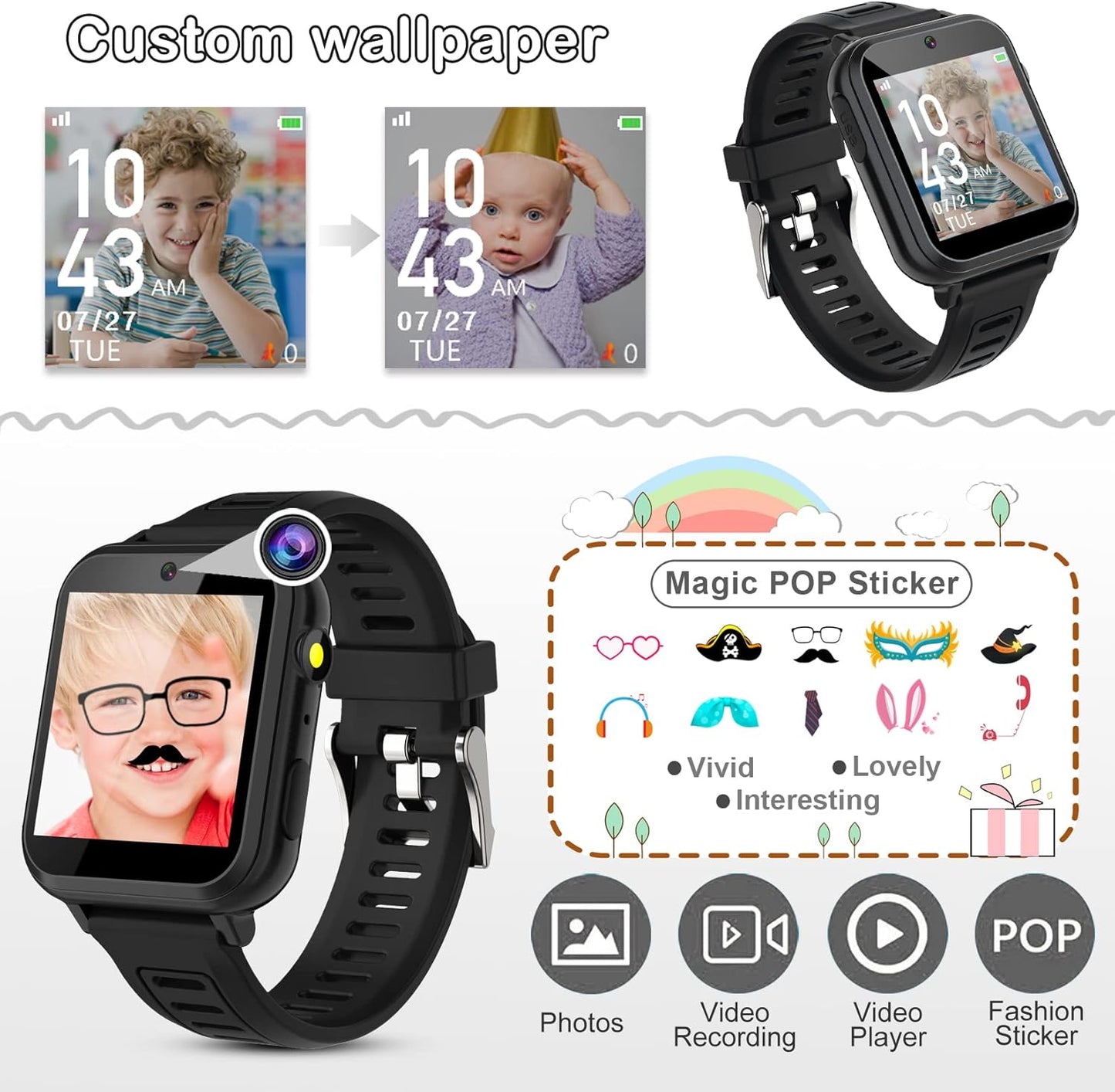Phyulls Smart Watch for Kids, Smart Watch Toys with 39 Games Camera Video Recorder Music Alarm Calculator Calendar Flashlight Stopwatch Pedometer Gift Toys for 3-12 Years Old Boys and Girls (Black)