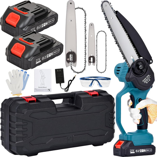 21V Cordless 2-in-1 Pole Saw & Mini Chainsaw Combo, 8″& 6″ Guide Bar Chains, Battery Powered Tree Trimmer, Protective Handle, Auto-Oil System, Includes Case & Safety Kit (Chainsaw)