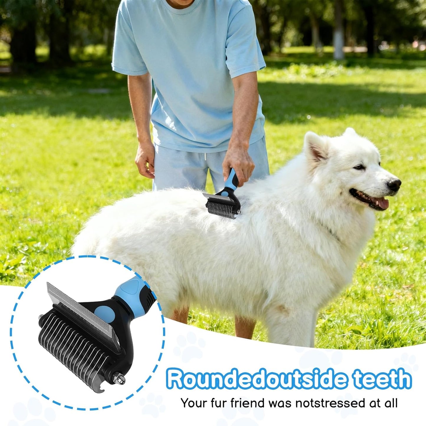 Cat Deshedding Brush & Dog Comb - 2 in 1 Undercoat Rake Detangling Tool for Cats and Dogs with Double Layer Lid, Extra-Wide Grooming & Deshedding for Long Hair (Blue)