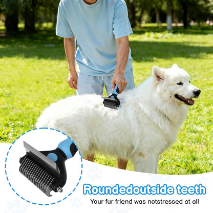 Cat Deshedding Brush & Dog Comb - 2 in 1 Undercoat Rake Detangling Tool for Cats and Dogs with Double Layer Lid, Extra-Wide Grooming & Deshedding for Long Hair (Blue)