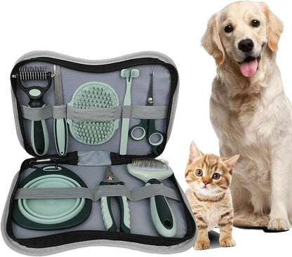 8-in-1 Grooming Kit for Dogs and Cats | Pet Hair Remover Brush, Dog Wash Slicker Brush,Nail Clippers Trimmer, Comb,Collapsible Bowl，Scissors,Cat Toothbrush,Dog Cat Shedding Control,Dog Grooming Kit