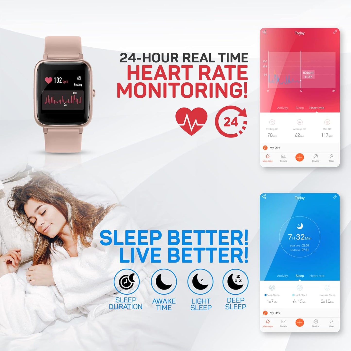 OCTANDRA Inspire VeryFit 1.95" Bluetooth Answer Call Alexa Smart Watch Body Energy Heart Rate HRV Oxygen Saturation Sleep Monitor Step Tracker IP68 Fitness Watches for Men Women (IDW16) (Pink)