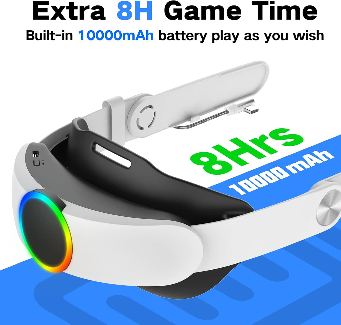 RGB Head Strap with Battery for Oculus Quest 2, 10000mAh Battery Pack for Extended 8 Hrs of Playtime, Fast Charging VR Power, Adjustable Elite Strap Enhanced Support and Balance in VR