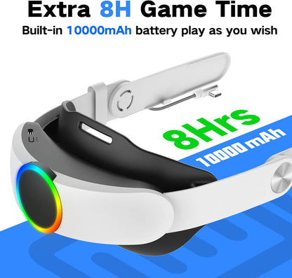 RGB Head Strap with Battery for Oculus Quest 2, 10000mAh Battery Pack for Extended 8 Hrs of Playtime, Fast Charging VR Power, Adjustable Elite Strap Enhanced Support and Balance in VR