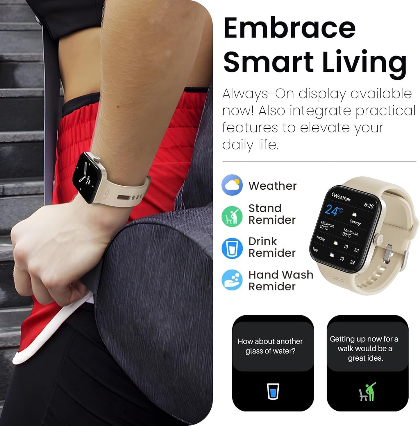 TOZO 44mm Rectangular Face Smart Watch Alexa Built-in Fitness Tracker with Heart Rate/Blood Oxygen Monitor/Sleep Monitor 5ATM Waterproof HD Touchscreen for Men Women Compatible with iPhone&Android