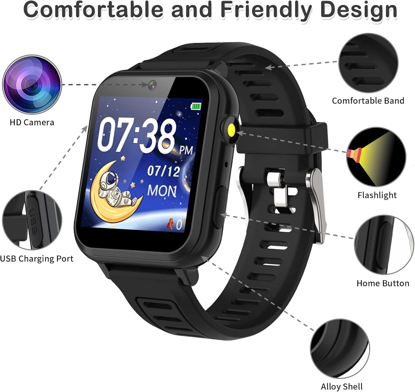 Phyulls Smart Watch for Kids, Smart Watch Toys with 39 Games Camera Video Recorder Music Alarm Calculator Calendar Flashlight Stopwatch Pedometer Gift Toys for 3-12 Years Old Boys and Girls (Black)