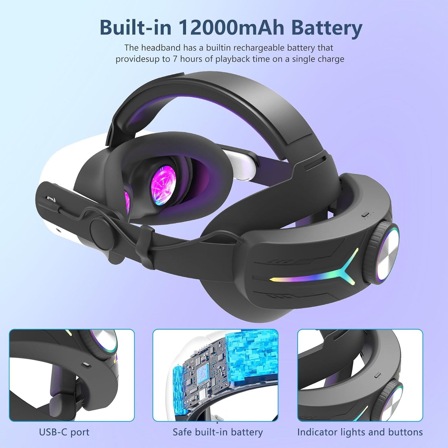 Upgraded RGB Lighted Head Strap with Battery 12000mAh for Meta Quest 3/3s Accessories, Quick Charge for Extended Playtime, to Reduce Facial Stress, Adjustable Elite Strap (White)