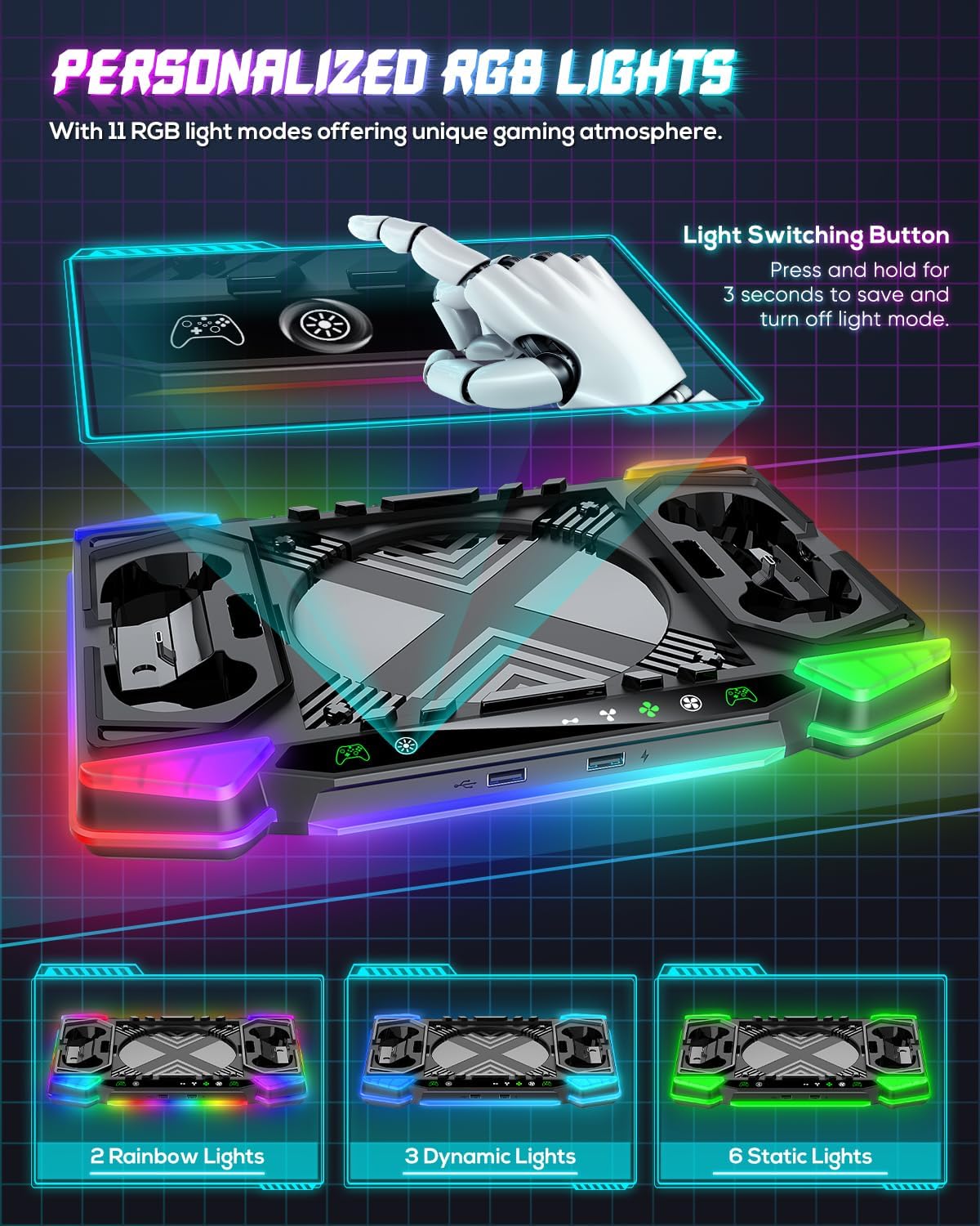 Cooling-Stand-Charging-Station for Xbox Series X Console＆Controller, Cooler Fan Charger Dock for Xbox Series X Accessories with 11 RGB Light Modes,2x1400mAh Rechargeable Batteries,Game Storage
