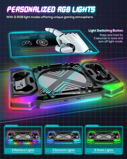 Cooling-Stand-Charging-Station for Xbox Series X Console＆Controller, Cooler Fan Charger Dock for Xbox Series X Accessories with 11 RGB Light Modes,2x1400mAh Rechargeable Batteries,Game Storage