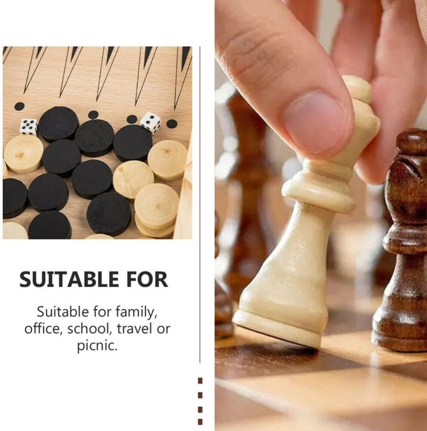 40cm Large Wooden Chess Set with Folding Board, Storage Slots, Chessmen Pieces, 3-in-1 Chess Backgammon Checkers Board Game for Adults & Kids