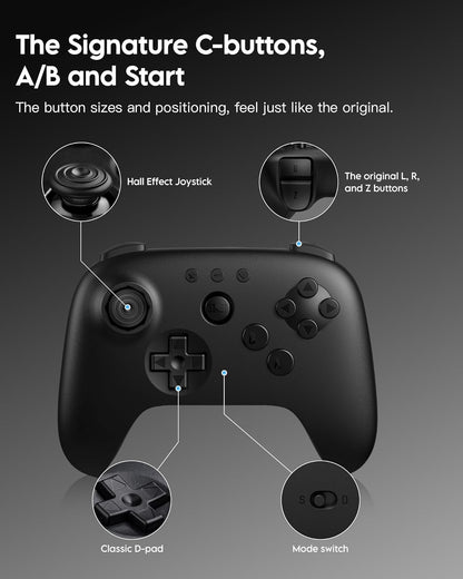8BitDo 64 Bluetooth Gaming Controller Compatible with Switch Console, Windows & Android – Hall Effect Joystick, Turbo Function, Vibration – Black