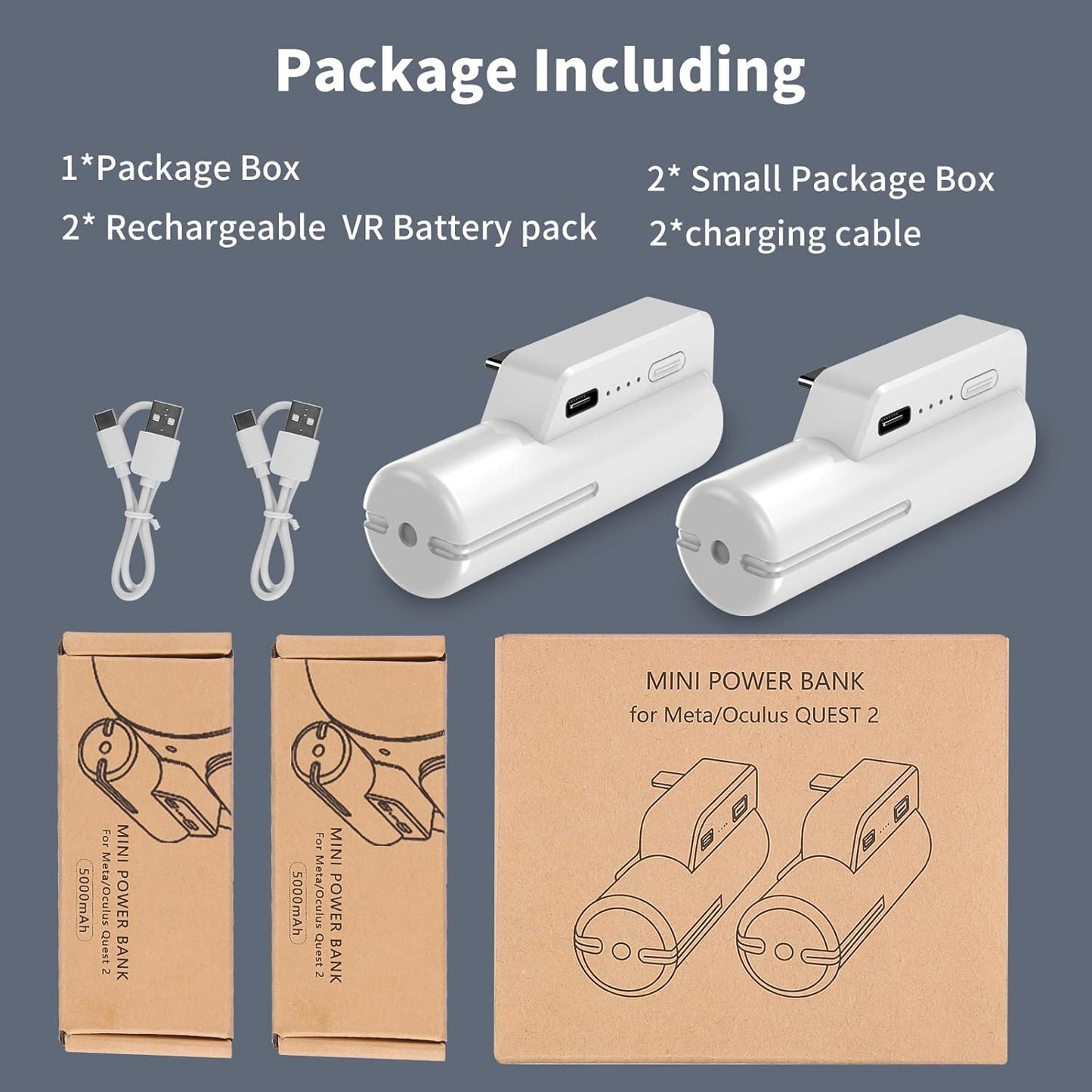 Battery Pack for Meta/Oculus Quest 2(2 Packs), Fast Charging 5000mAh Lightweight Portable VR Extend Accessories Rechargeable Power Bank with Power Indicator for Extra 2-4 Hours Playing Time