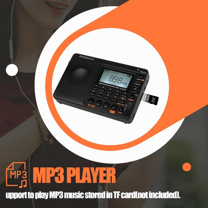 Retekess V115 Digital Radio AM FM, Portable Shortwave Radios, Rechargeable Digital Tuner and Presets, Support Micro SD and AUX Record, Bass Speaker Black