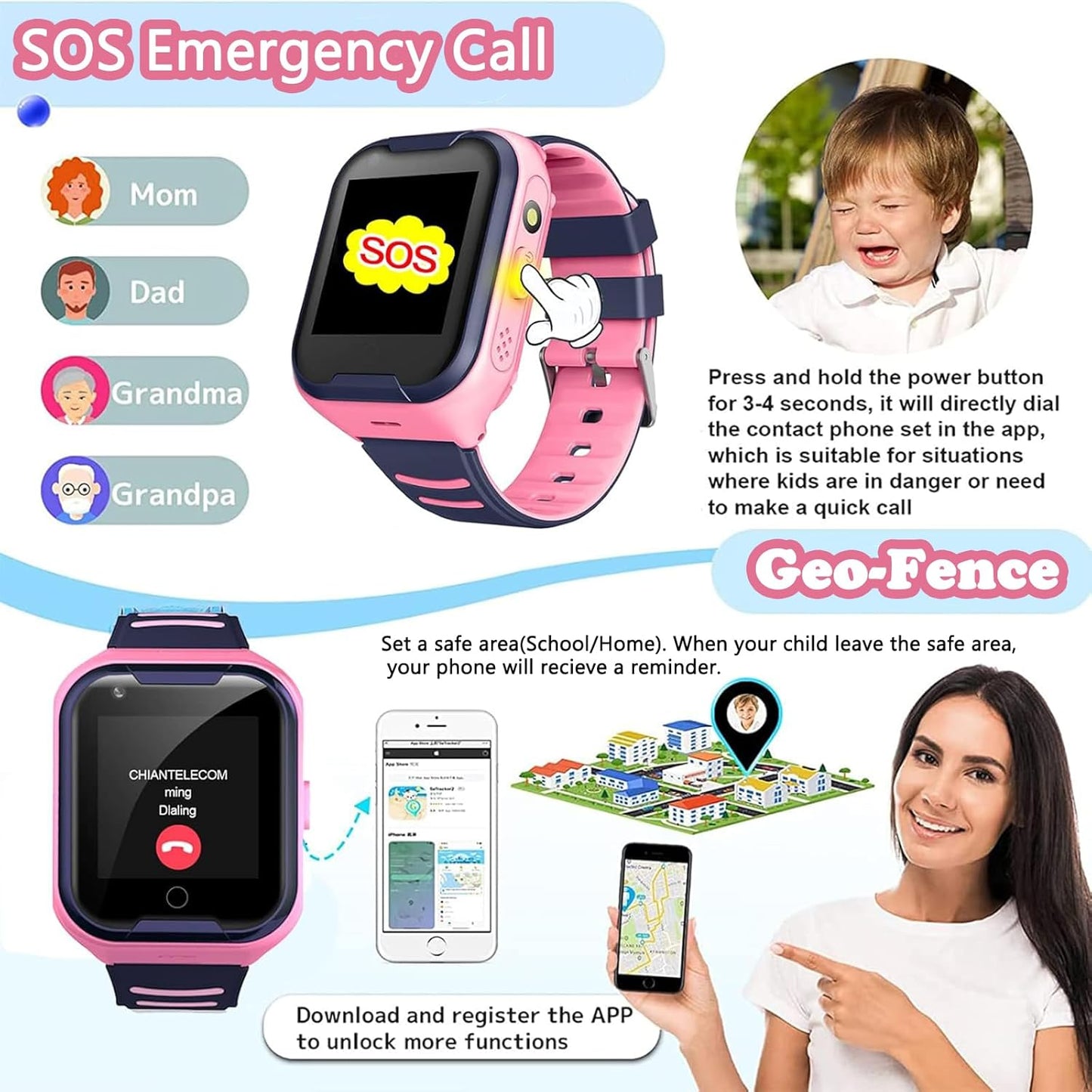 Kids 4G GPS Smart Watch, Waterproof Phone Smartwatch, Worldwide Real-time Tracking Video Phone Call Camera SOS Alarm Geo-Fence Touch Screen Pedometer Anti-Lost GPS Tracker Watch for Birthday Gift