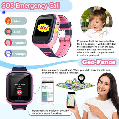 Kids 4G GPS Smart Watch, Waterproof Phone Smartwatch, Worldwide Real-time Tracking Video Phone Call Camera SOS Alarm Geo-Fence Touch Screen Pedometer Anti-Lost GPS Tracker Watch for Birthday Gift