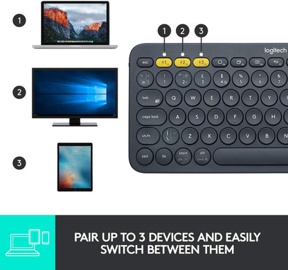 Logitech K380 Multi-Device Bluetooth Wireless Keyboard with Easy-Switch for Up to 3 Devices, Slim, 2 Year Battery-PC, Laptop, Windows, Mac, Chrome OS, Android, iPadOS, Apple TV, Dark Grey