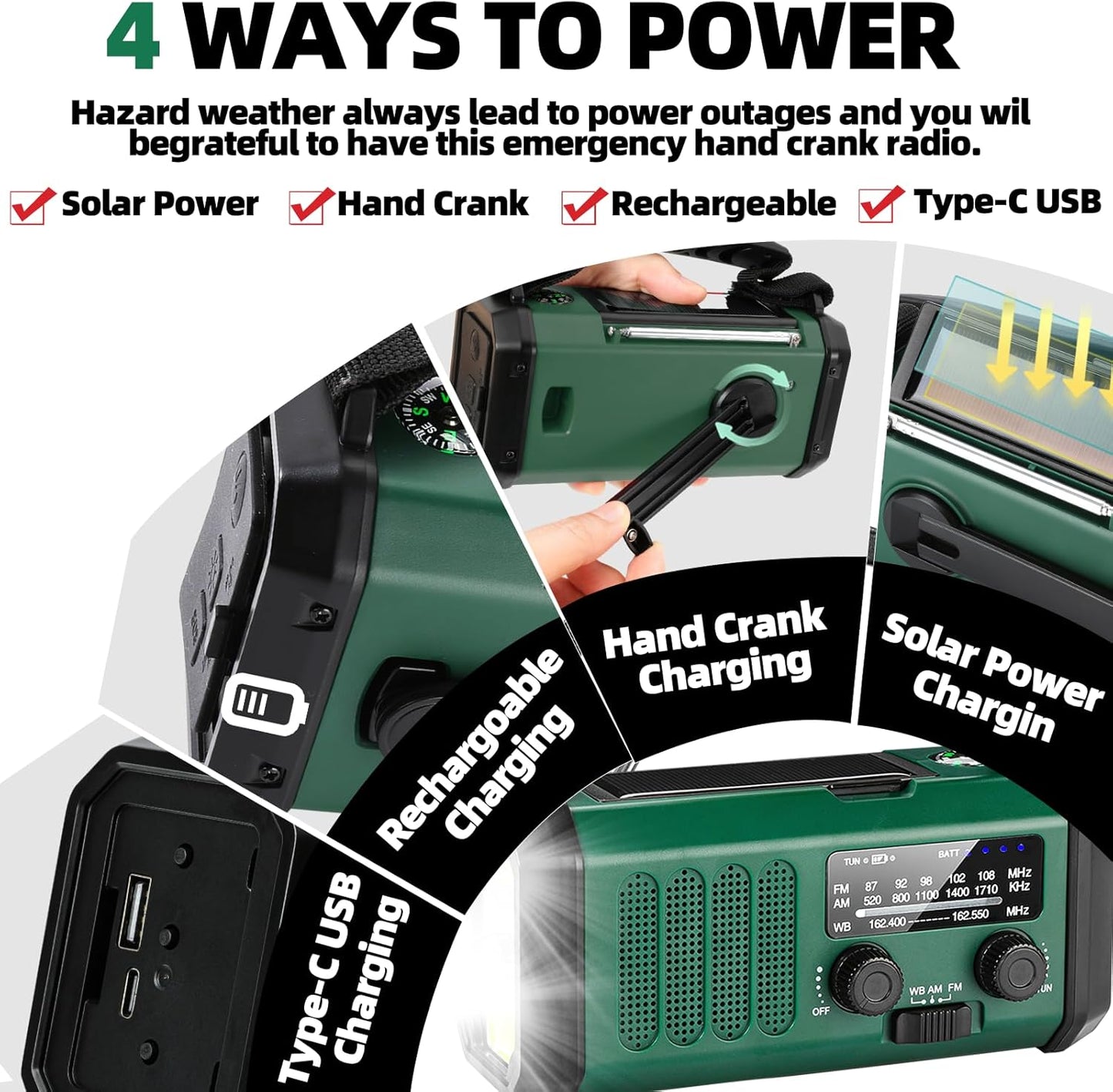 Hand Crank Emergency Radio,37000mWhSolar Powered Hand Crank Portable Radio,NOAA AM FM Weather Radio with 3Mode Flashlight and Reading Light,Cell Phone Charger,Home and Emergency Distress Signal
