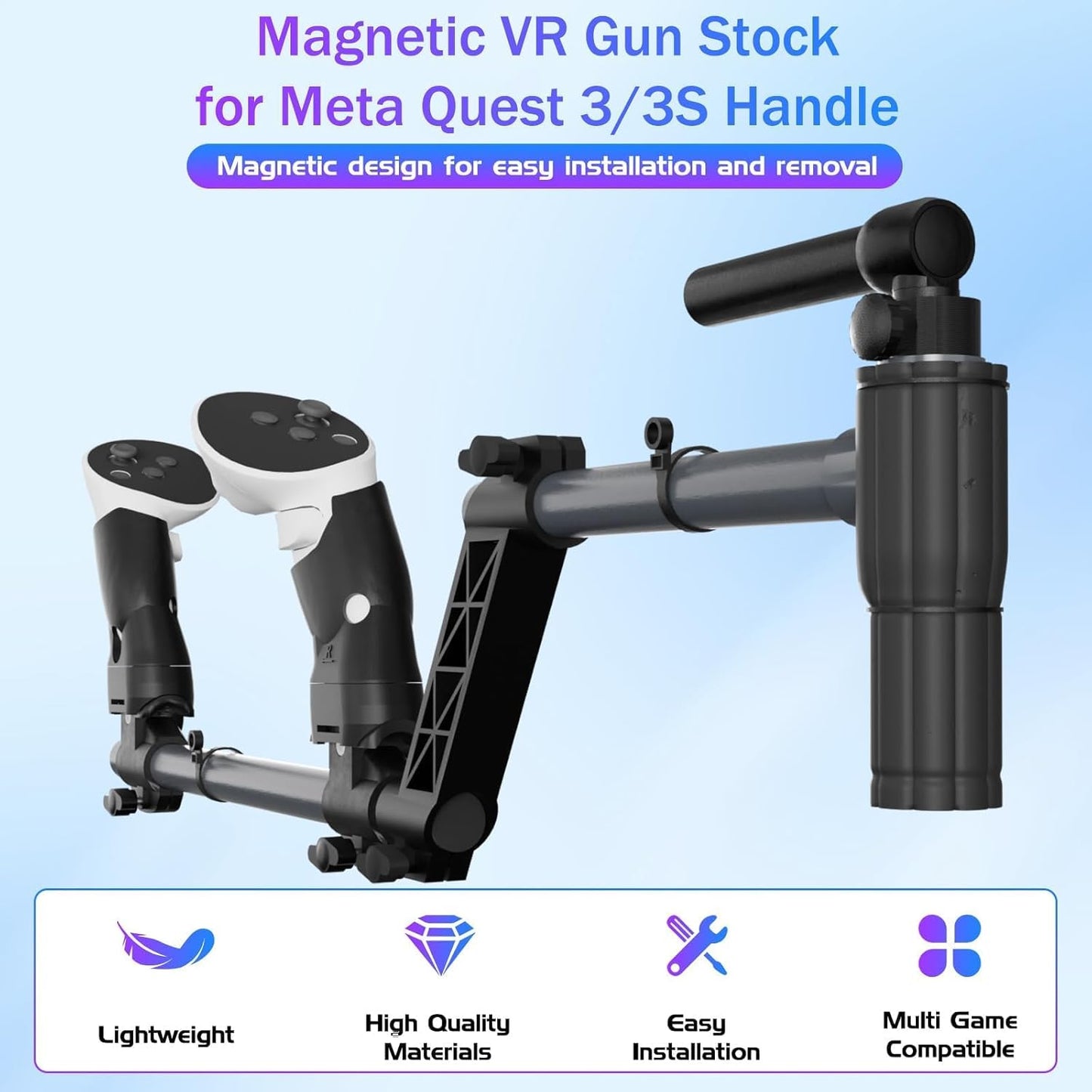 snap-fit VR blaster Stock for Quest 3, Rifle Grip VR Stock Controller Accessories Compatible with MetaQuest 3s, Lightweight & Quick Removable Quest3 Control snap-fit blasterstock Adapter (Black)