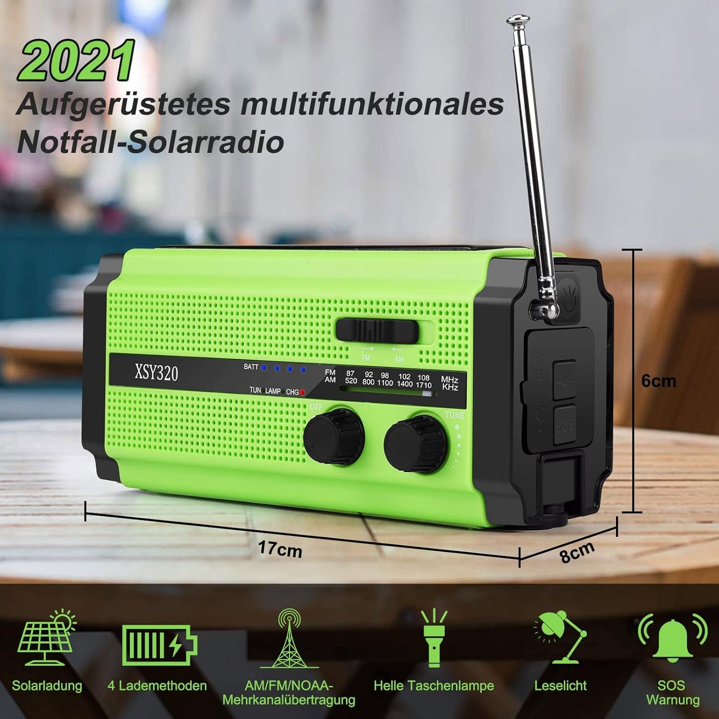Solar Radio, AM/FM Crank Radio, Portable Emergency Radio with 5000 mAh Rechargeable Battery, 3 Modes LED Torch, LED Reading Lamp, SOS Alarm and Hand Crank Dynamo for Camping, Travel (Green)
