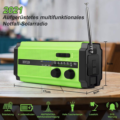 Solar Radio, AM/FM Crank Radio, Portable Emergency Radio with 5000 mAh Rechargeable Battery, 3 Modes LED Torch, LED Reading Lamp, SOS Alarm and Hand Crank Dynamo for Camping, Travel (Green)