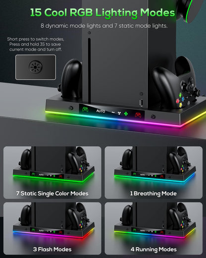 Cooling Fan & Charging Station Compatible with Xbox Series X, Dual Controller Charger Dock with RGB Light Modes, Rechargeable Battery Packs, Headset Holder & Game Storage – Black