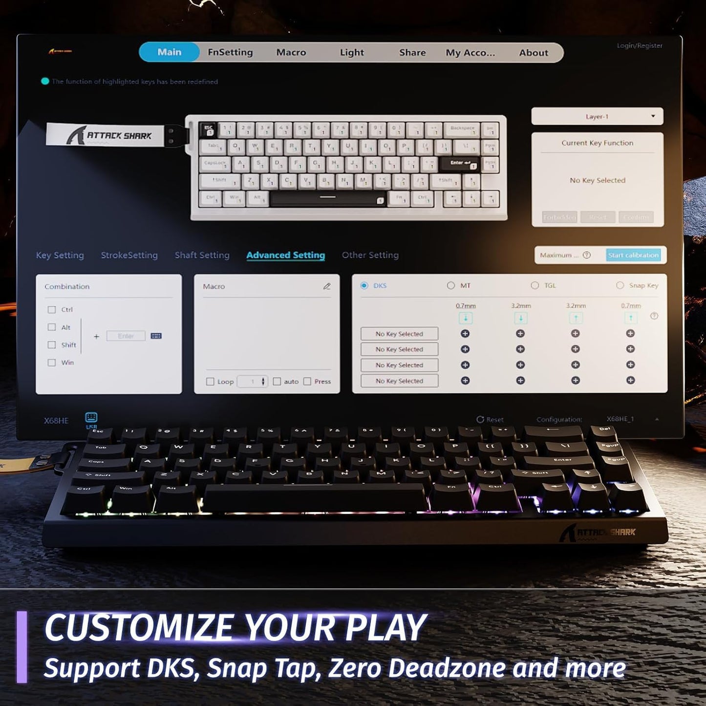 ATTACK SHARK X68 HE Rapid Trigger Mechanical Gaming Keyboard 60% Wired TKL with Adjustable Actuation,Hall Effect snap-fit Switch,8KHz Polling Rate,RGB Backlit,Top Mount for PC Mac Esport Gamer(Black)