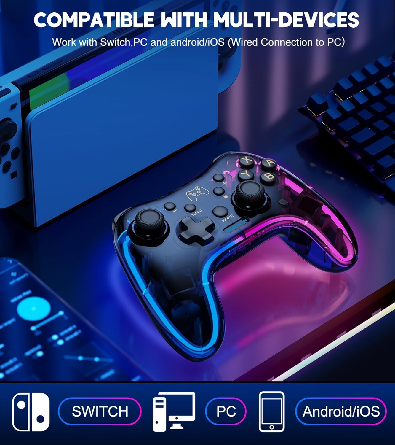 Switch Controller Compatible with Switch/Lite/OLED Controller, Switch Pro Controller With RGB Breathing LED, Switch Controllers Remote Supports Multi-Platform&App with Turbo, Wake-up Function