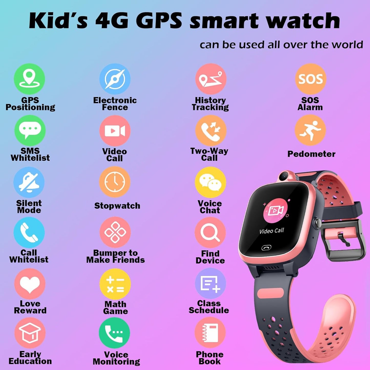 Kids 4G GPS Smart Watch, Waterproof Phone Smartwatch, Worldwide Real-time Tracking Video Phone Call Camera SOS Alarm Geo-Fence Touch Screen Pedometer Anti-Lost GPS Tracker Watch for Birthday Gift