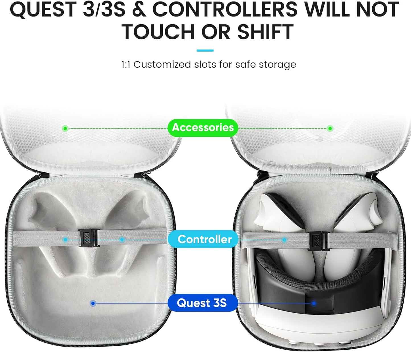 OPTOSLON Q3S Hard Carrying Case for Meta Quest 3/Quest 3S VR Headset, Touch Controller, Original Fabric Strap & Accessories, Ideal for Travel & Home Storage with Comfort Protection