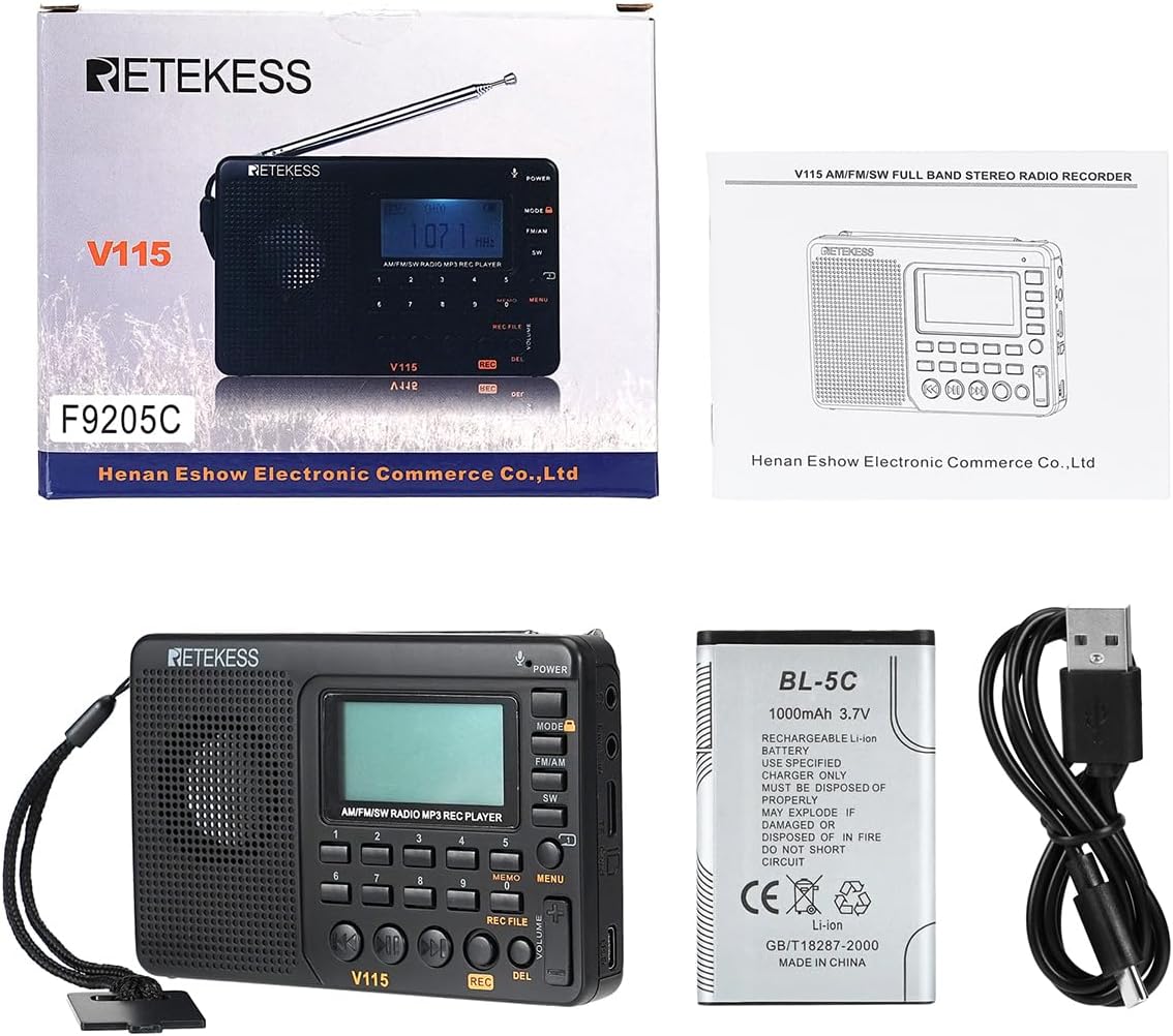 Retekess V115 Digital Radio AM FM, Portable Shortwave Radios, Rechargeable Digital Tuner and Presets, Support Micro SD and AUX Record, Bass Speaker Black