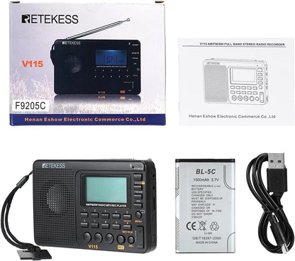 Retekess V115 Digital Radio AM FM, Portable Shortwave Radios, Rechargeable Digital Tuner and Presets, Support Micro SD and AUX Record, Bass Speaker Black