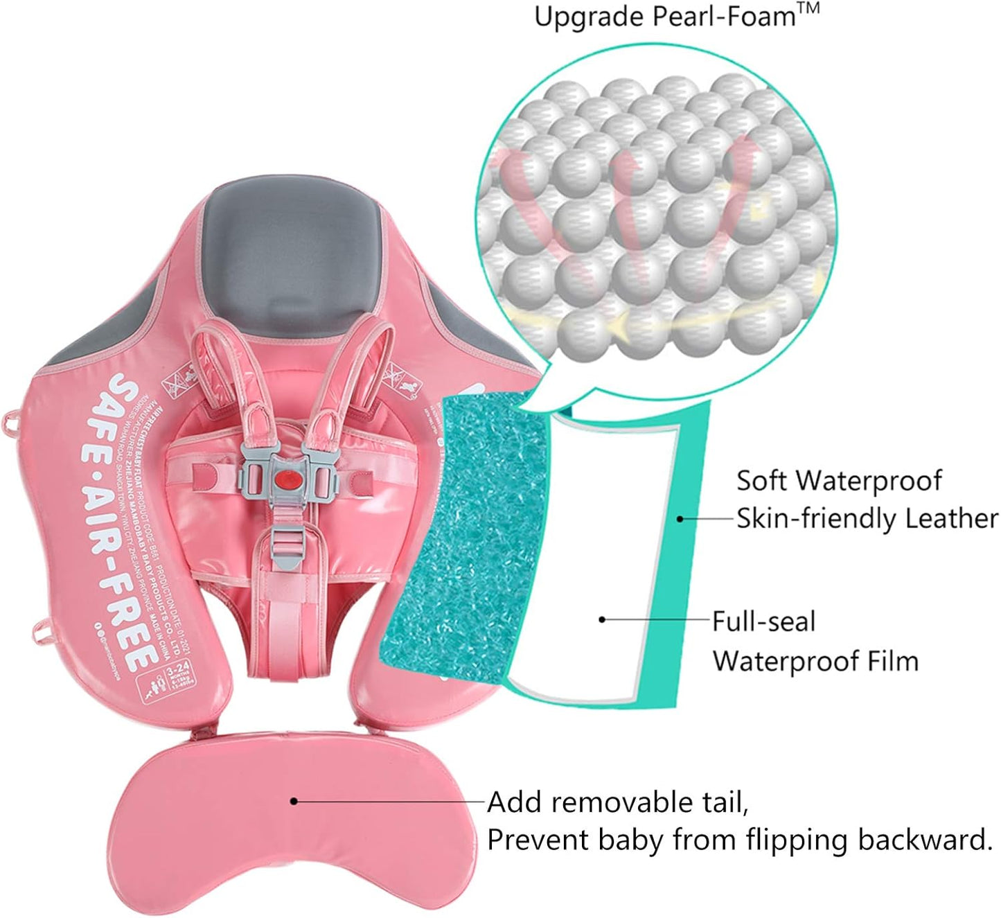 HECCEI Add Tail Newest Mambobaby Baby Swim Float with Canopy Solid Pool Infant Swim Trainer Swimming Training Lying Air Free Water Floats Non-Inflatable Waist Swim Ring for Toddlers (Flamingo)