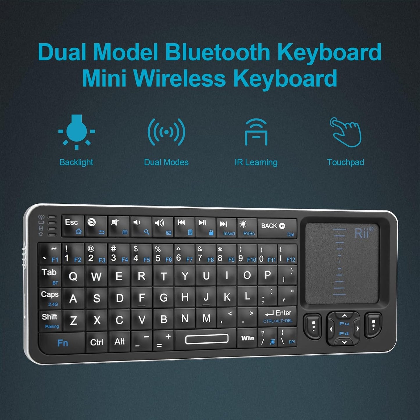 Rii Mini Bluetooth Keyboard K06,Backlit Wireless Keyboard with IR Learning TV Remote, Portable Keyboard with Touchpad Compatible with Android TV Box,Projector,Laptop,PC for Android,Windows,Mac