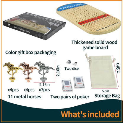 21 inches Horse Racing Board Game Solid Wood with 11 Luxury Metal Horses Thickened Pine Finish LINE Race Game Chessboard Including 2 Sets of dice and 2 Boxes of Cards (Log Color)