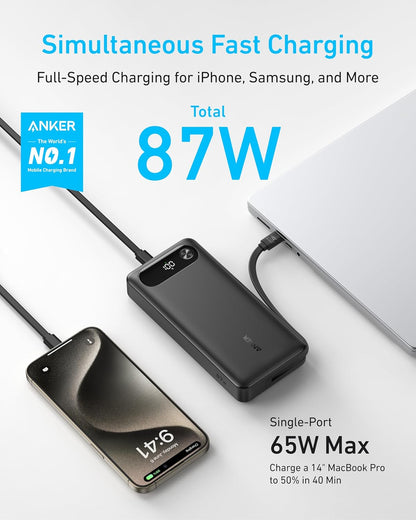 Anker Power Bank, 20,000mAh Portable Charger with Built-in USB-C Cable, 87W Max Fast Charging Battery Pack for Laptop, 2 USB-C and 1 USB-A, for MacBook, iPhone 17/16 Series, Samsung, Switch, and More