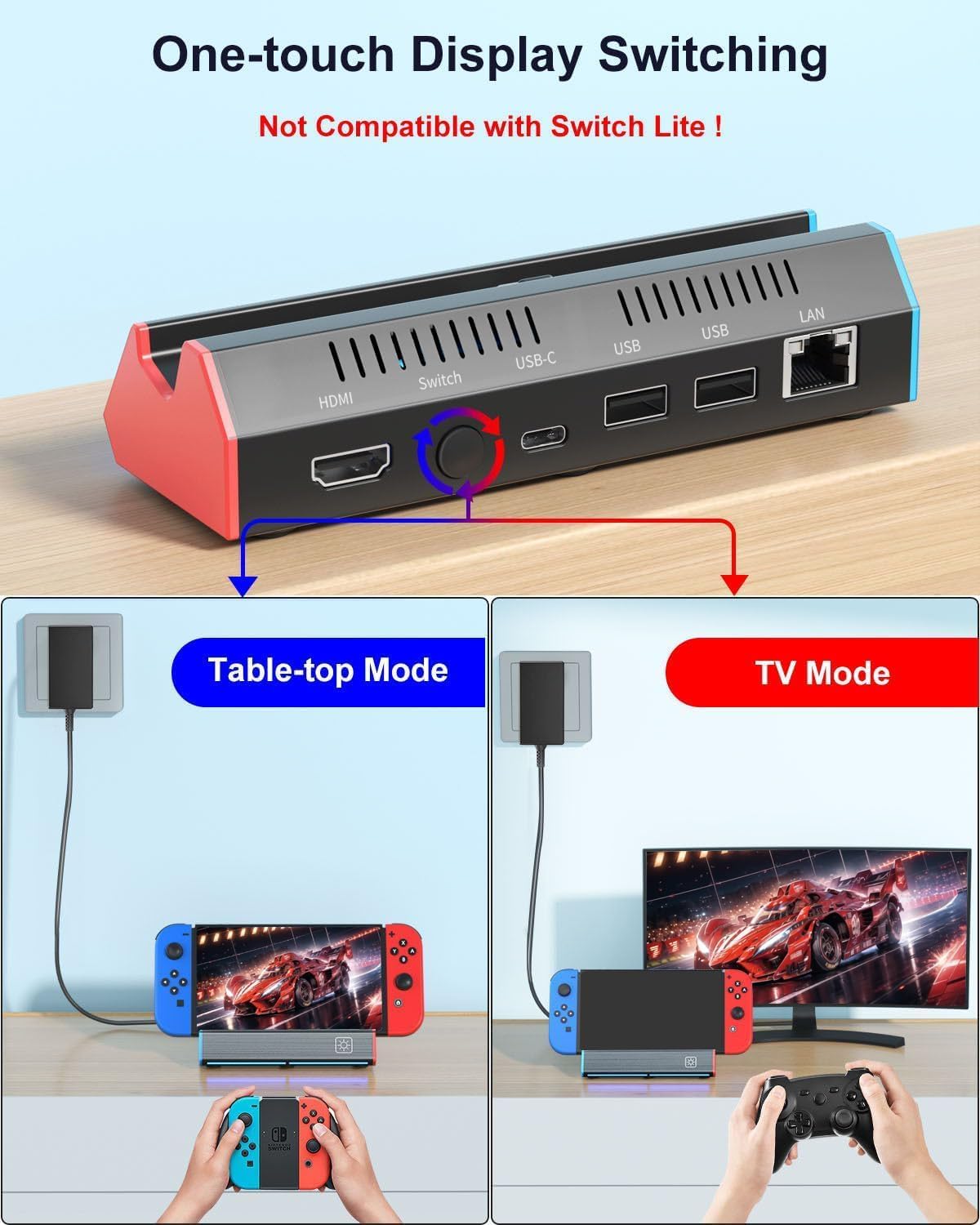 ZONEY Switch TV Dock with 1000Mbps Ethernet LAN Port/4K HDMI Port, Portable Switch Docking Station for Nintendo Switch/Switch OLED, Replacement Official Switch Dock Base Stand (Black with LAN Port)